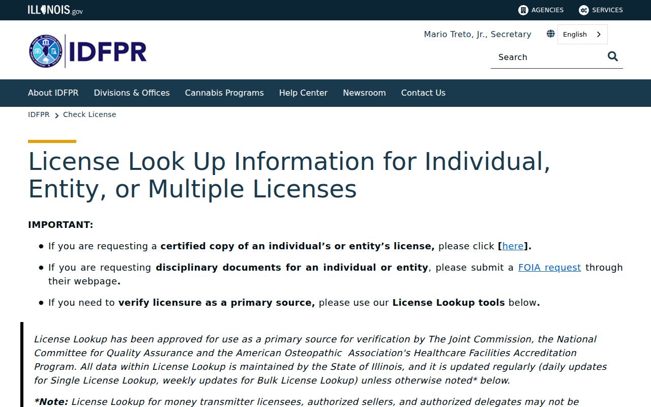 Normal resident lookup through the Illinois professional license search
